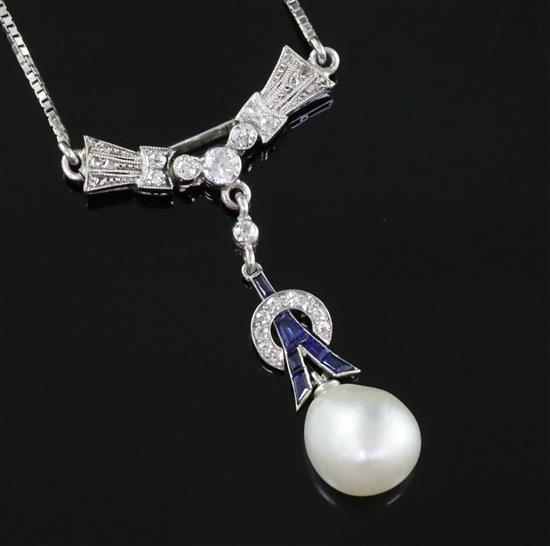 An early 20th century platinum?, sapphire, diamond and baroque pearl set drop pendant, on a later 18ct white gold chain,